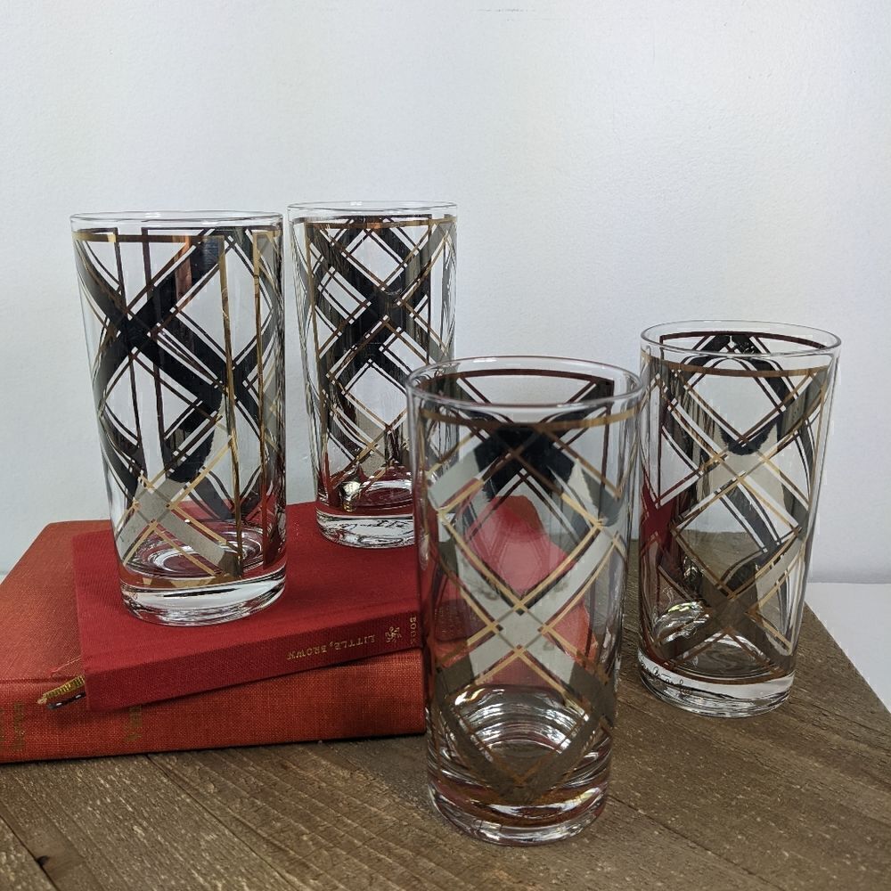 Georges Briard Silver and gold plaid criss cross tumblers collins glasses cockta